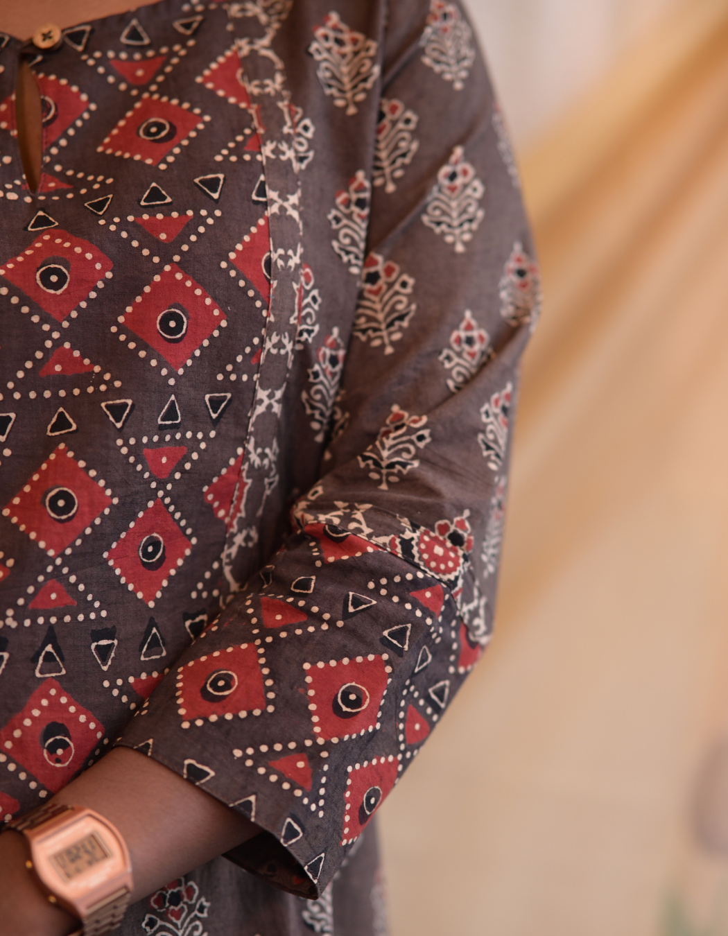 Kadha Brown Ajrakh Handblock Printed Cotton Kurti