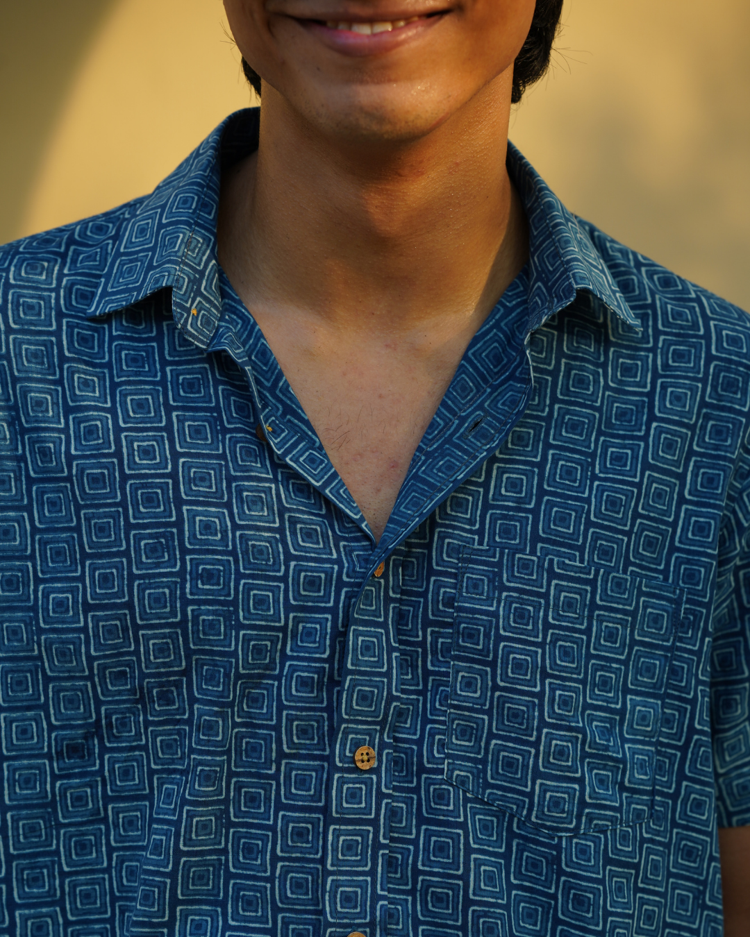 Indigo block printed men's shirt