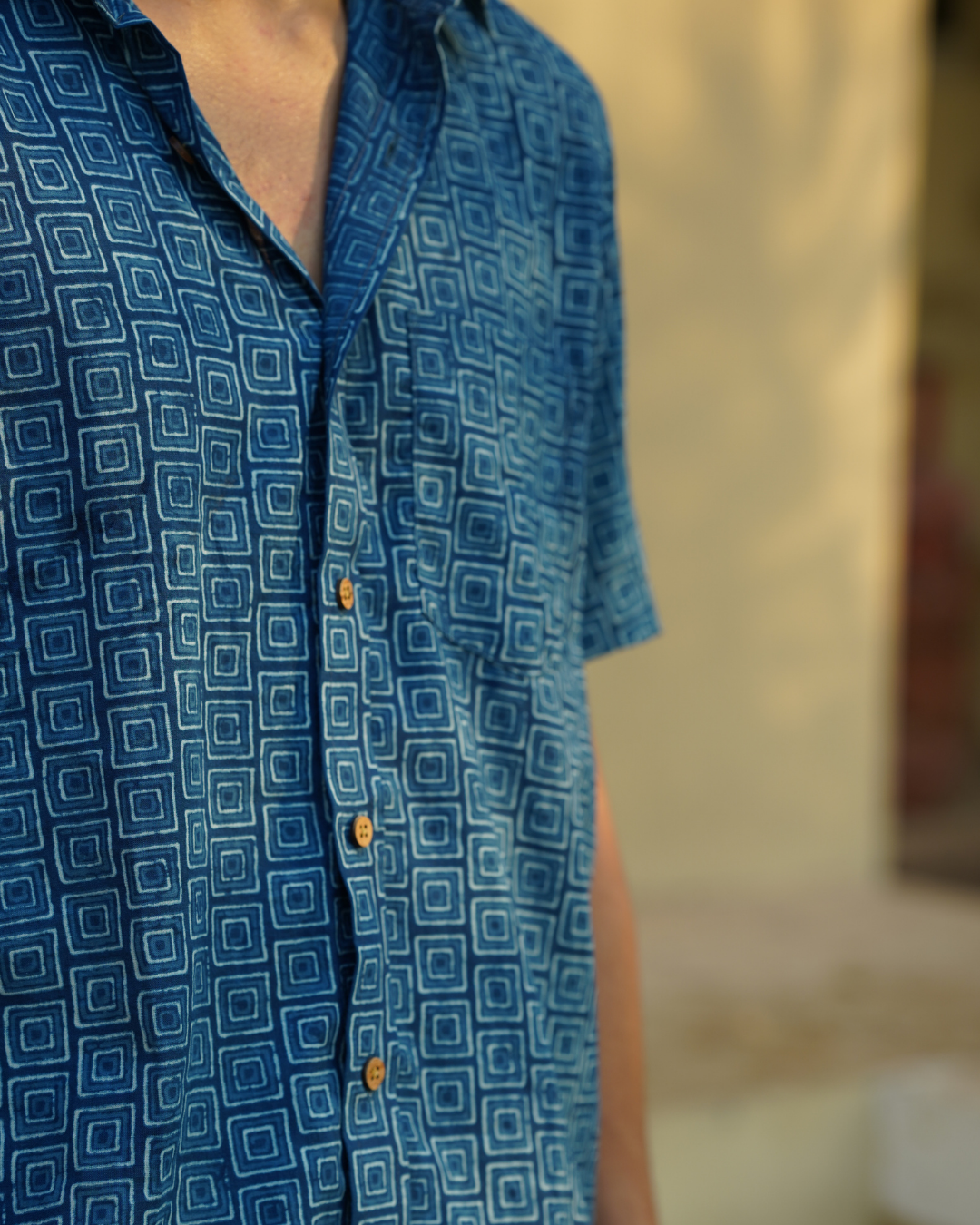 Indigo block printed men's shirt