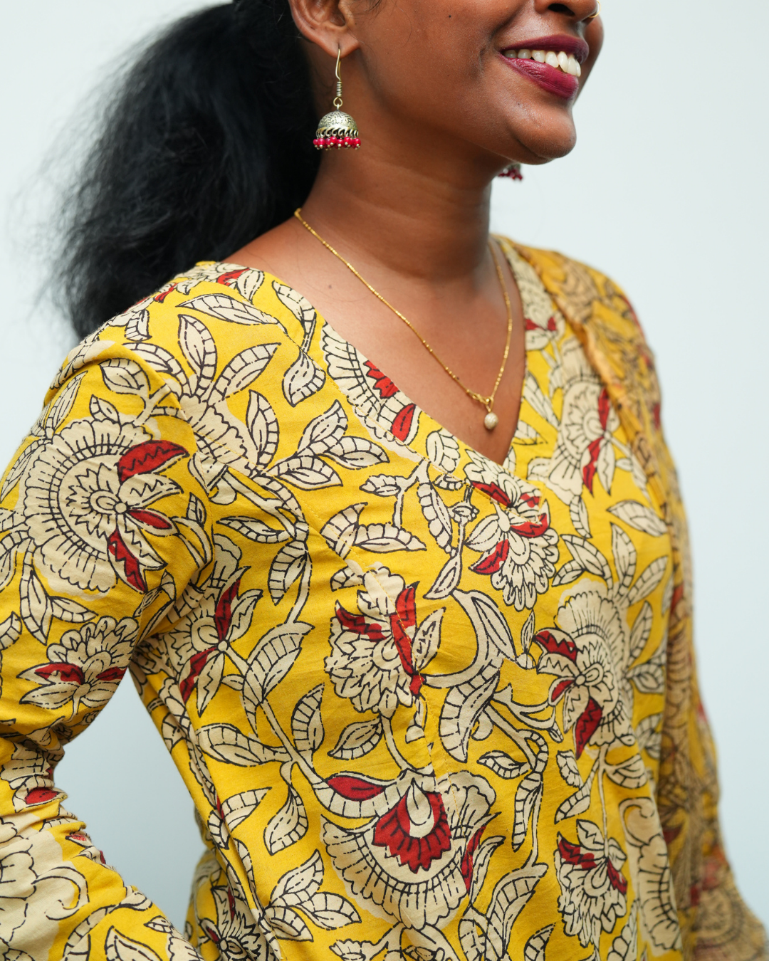 "SAANJH" Mustard Yellow And Maroon Printed Princess Cut Cross V Neck Kurti