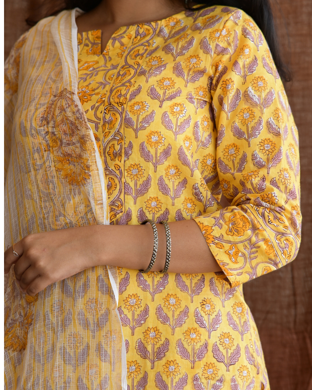 "NIRAM" Yellow Sanganeri Hand block printed cotton kurti set with Kota Doriya dupatta.