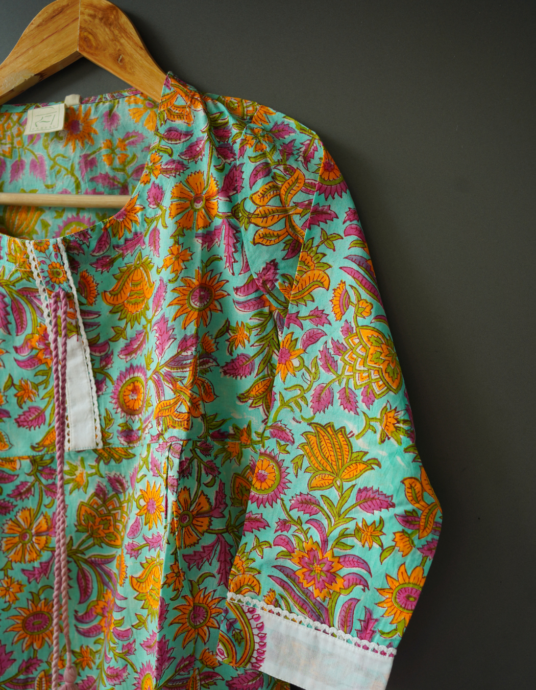 Pastel Green Floral Hand Block Printed lace Kurti