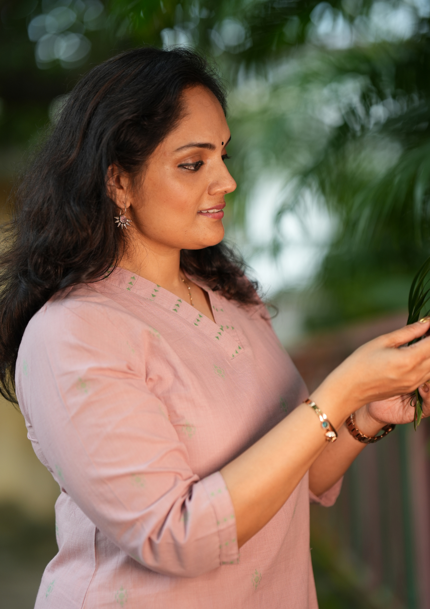 Powder Pink Hand Loom V Neck Kurti