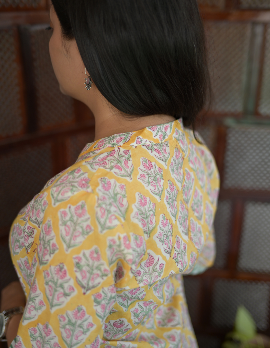 Yellow hand block printed Collar Neck Kurti