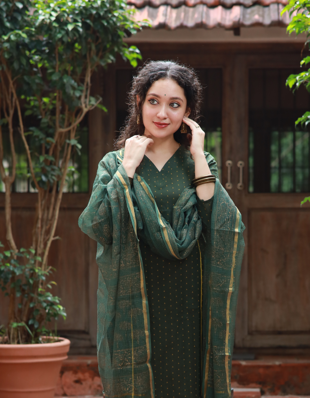 Green Printed Kota Doria Dupatta