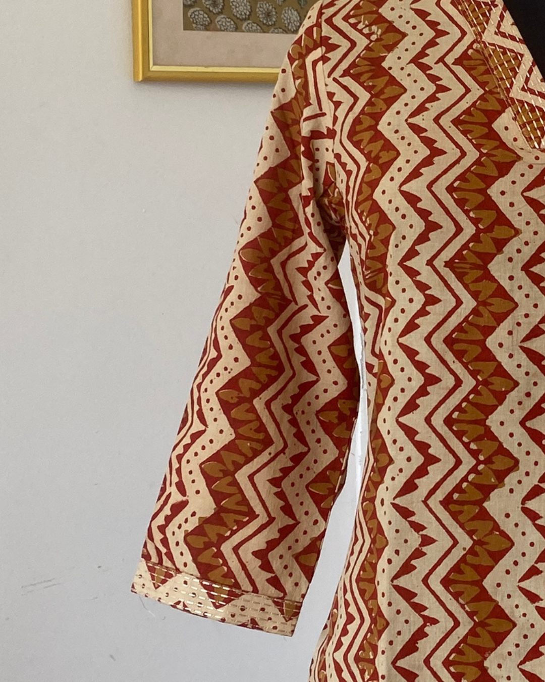 Bagru Hand Block Print With Kantha Embroidery V Neck Kurti
