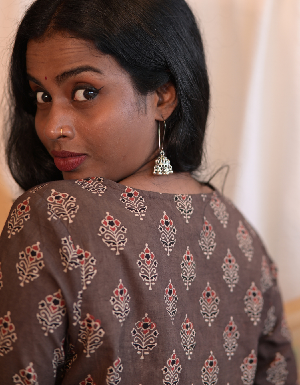 Kadha Brown Ajrakh Handblock Printed Cotton Kurti