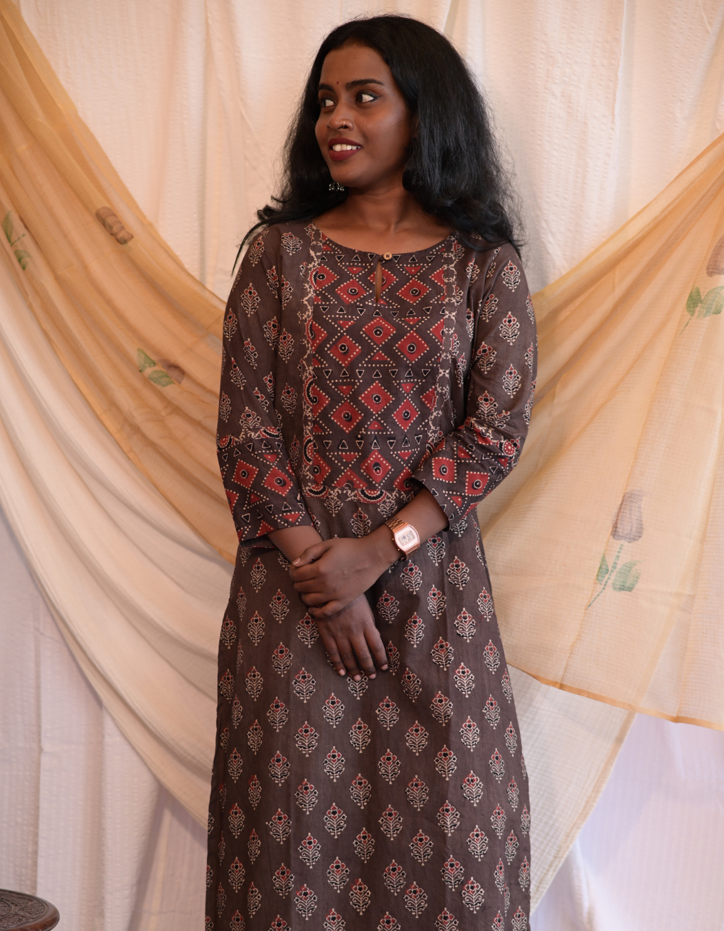 Kadha Brown Ajrakh Handblock Printed Cotton Kurti