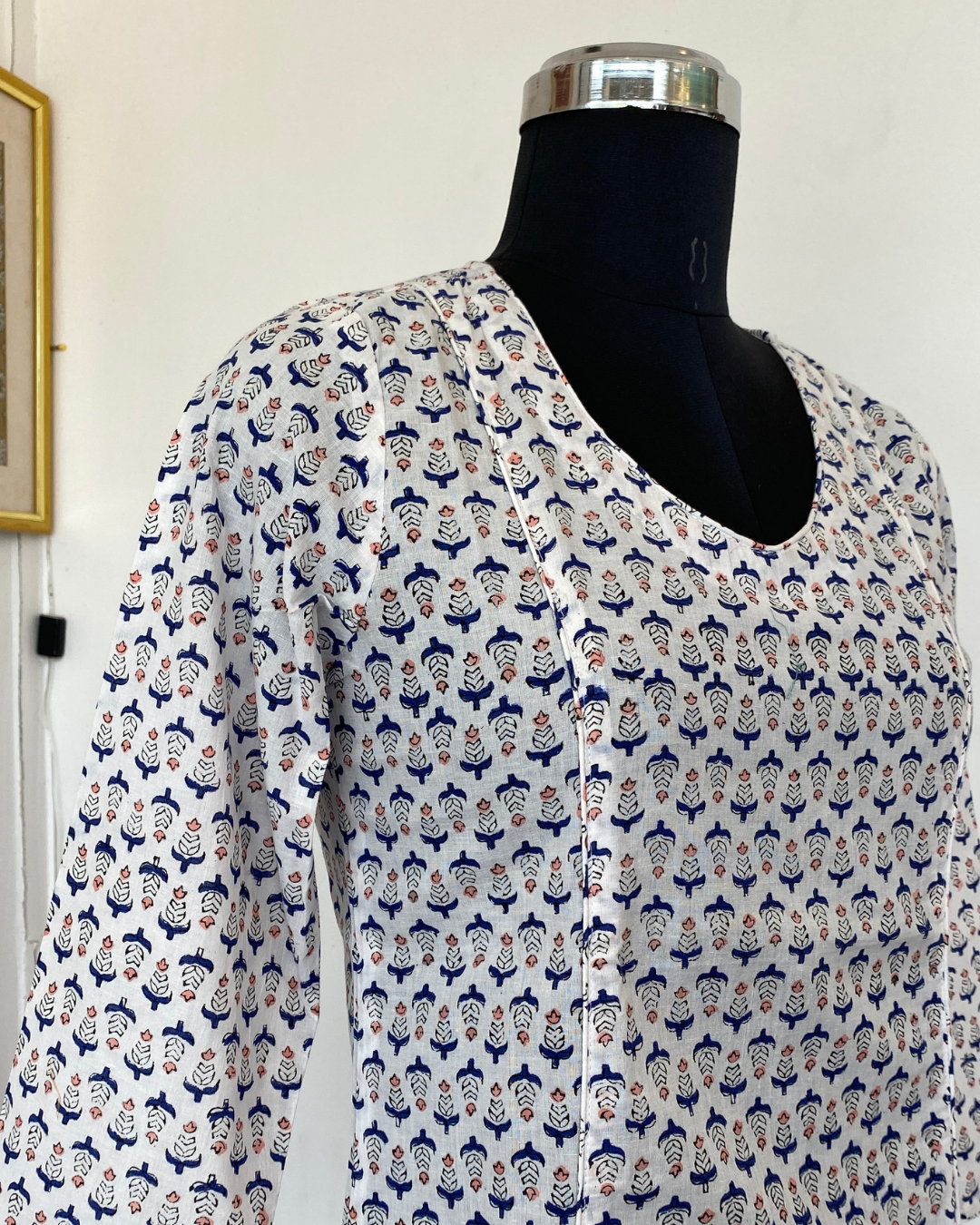White And Blue Floral Hand Block V Neck Kurti