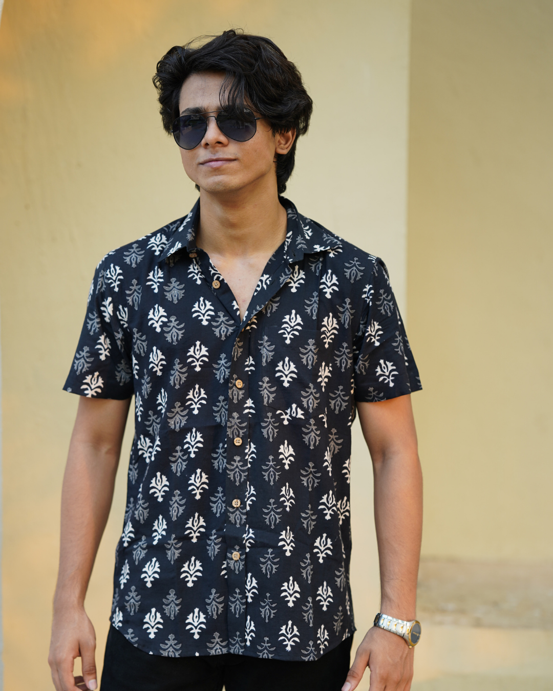 black and white block printed men's shirt