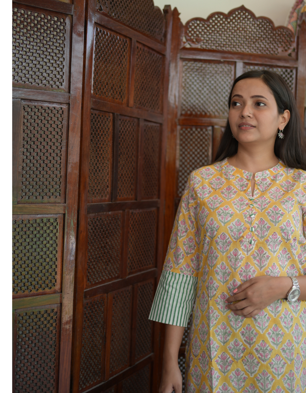 Yellow hand block printed Collar Neck Kurti And Pista Green Pant Set