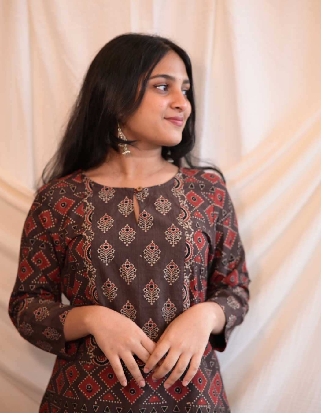 Kadha brown Ajrakh Handblock geometrical Printed Cotton Kurti