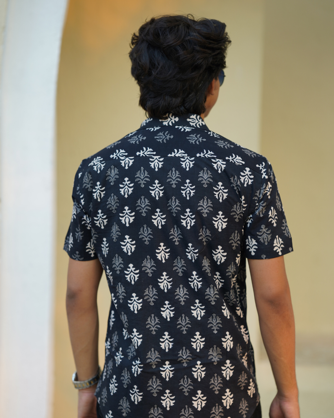 black and white block printed men's shirt