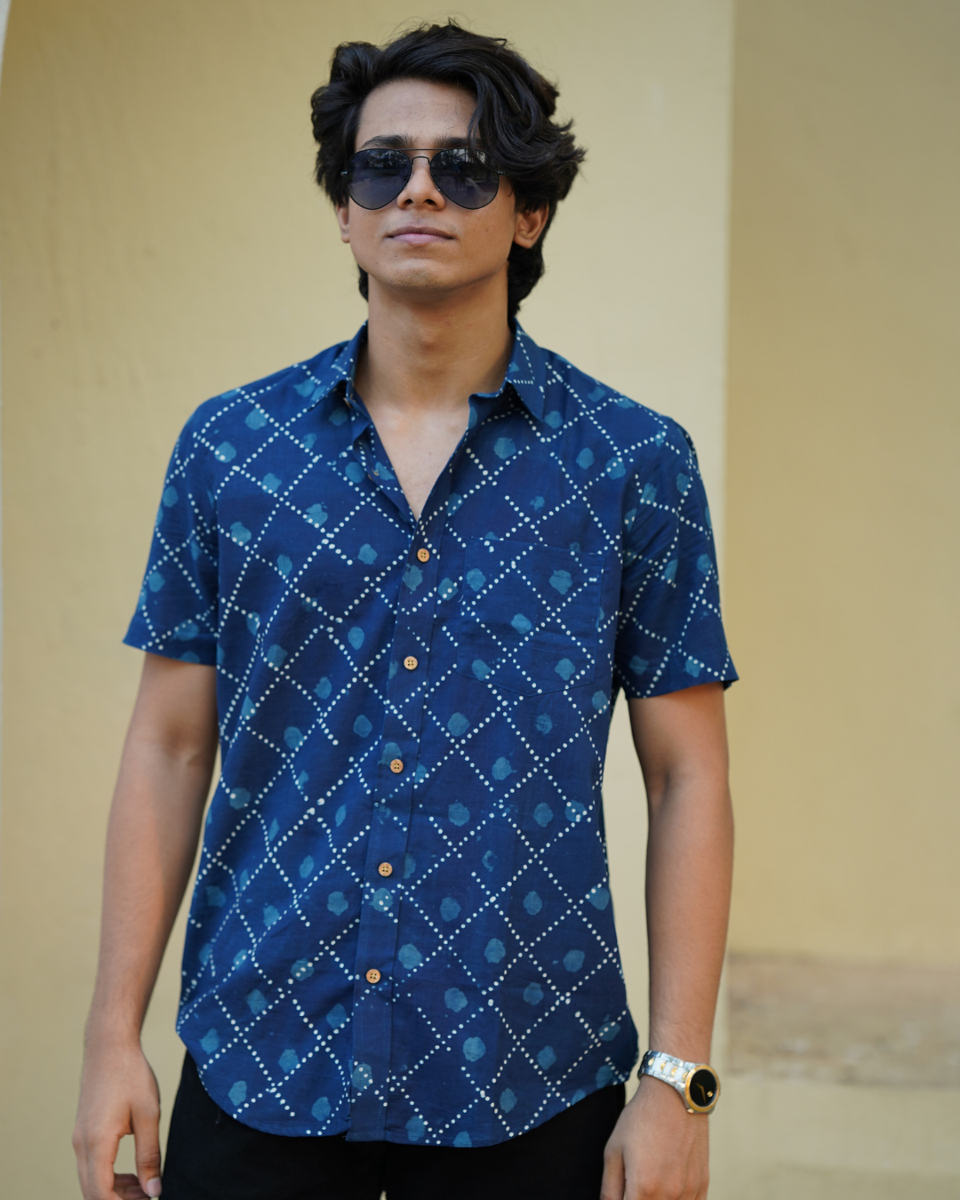 Indigo block printed men's shirt