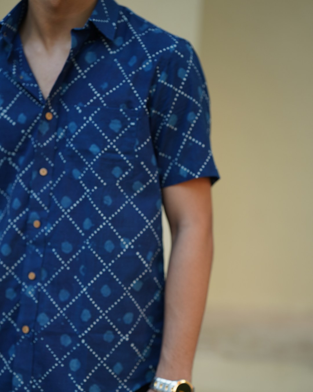 Indigo block printed men's shirt