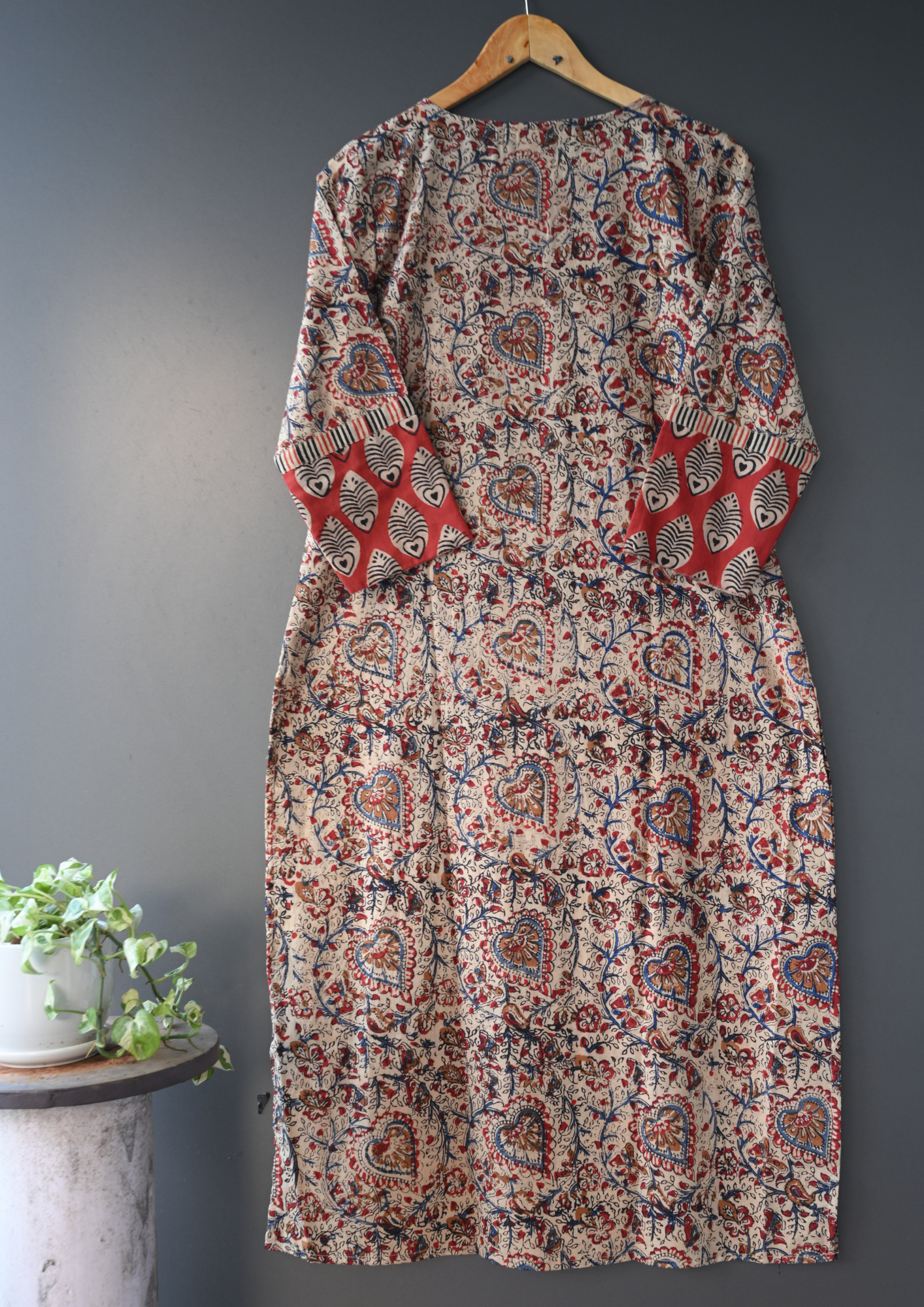 Beige and Red three Patch Hand Block Printed Kurti