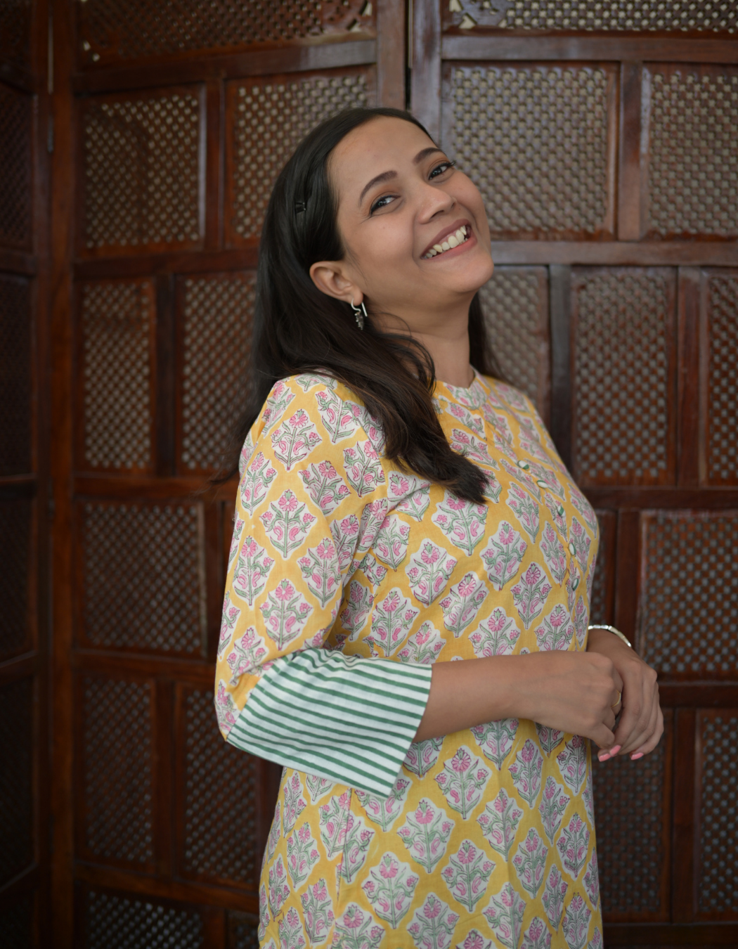 Yellow hand block printed Collar Neck Kurti And Pista Green Pant Set