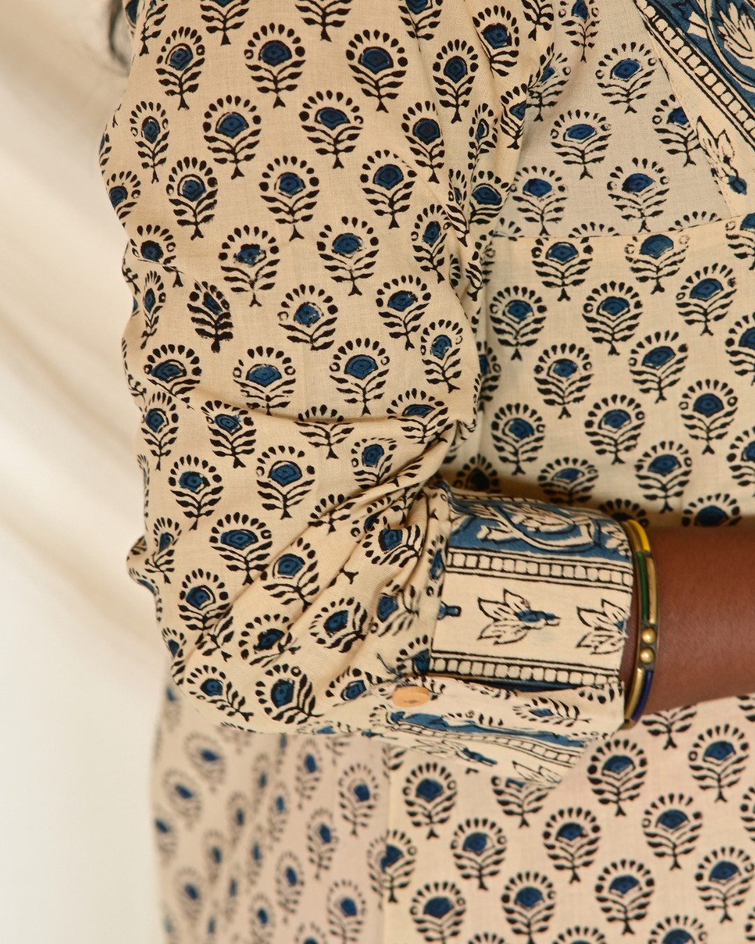 Gulmohar Beige and Blue Handblock Printed Gatherd A-line dress kurti