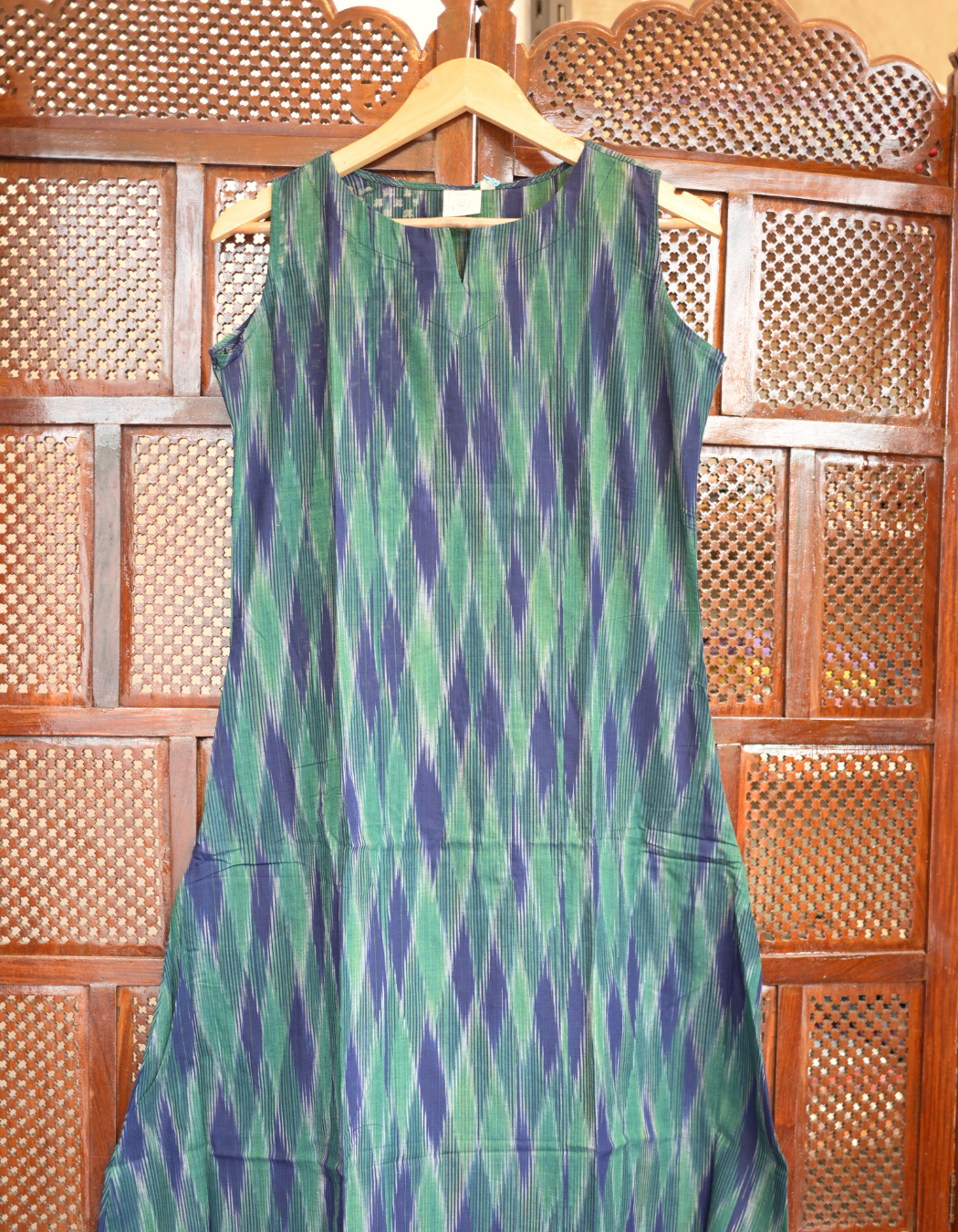 GREEN AND BLUE IKAT PRINT "A-LINE DRESS"