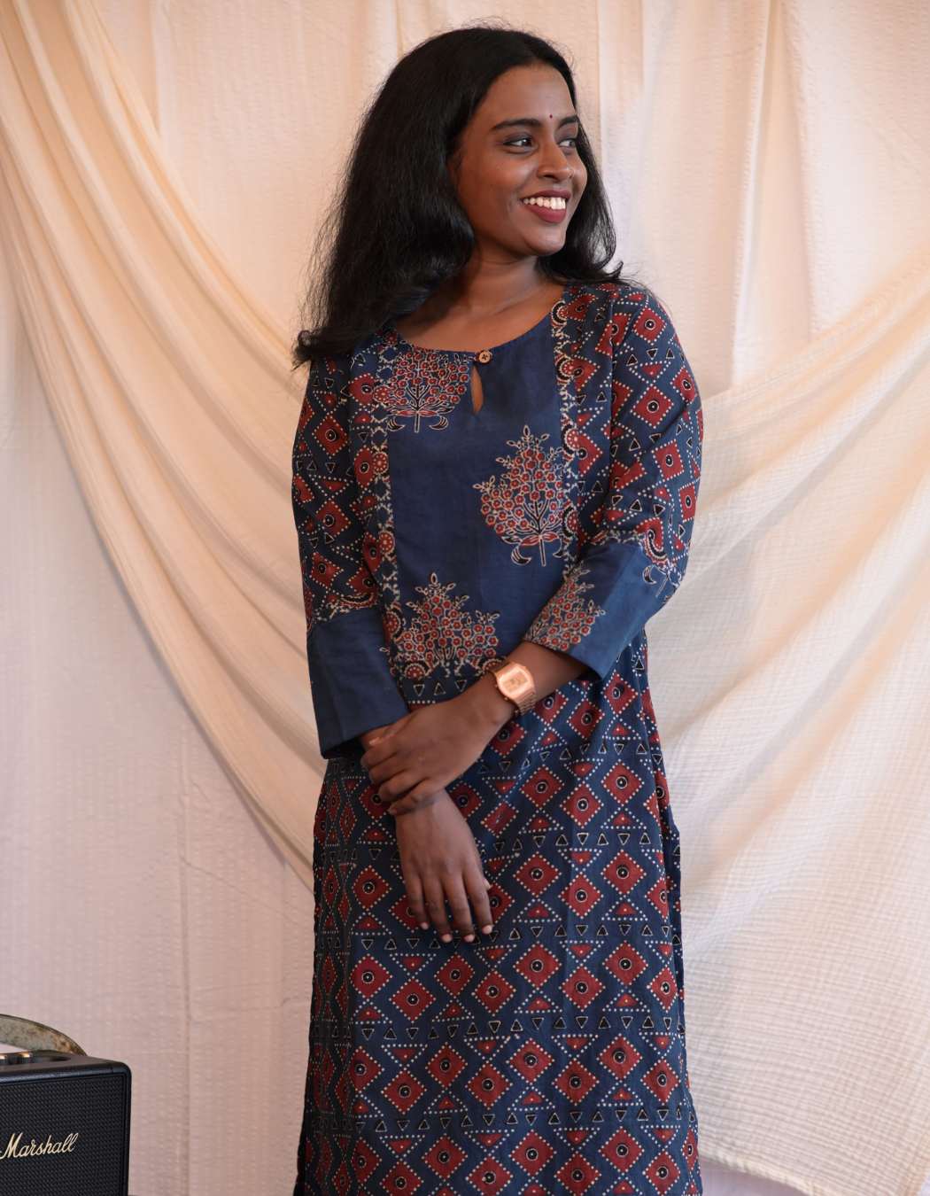 Kadha Blue Ajrakh Handblock Printed Cotton Kurti