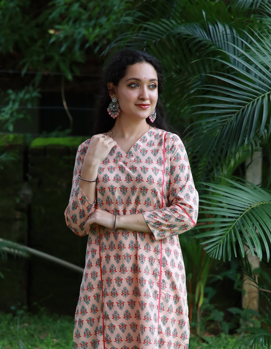 Light Peach Printed Cotton V Neck Kurti