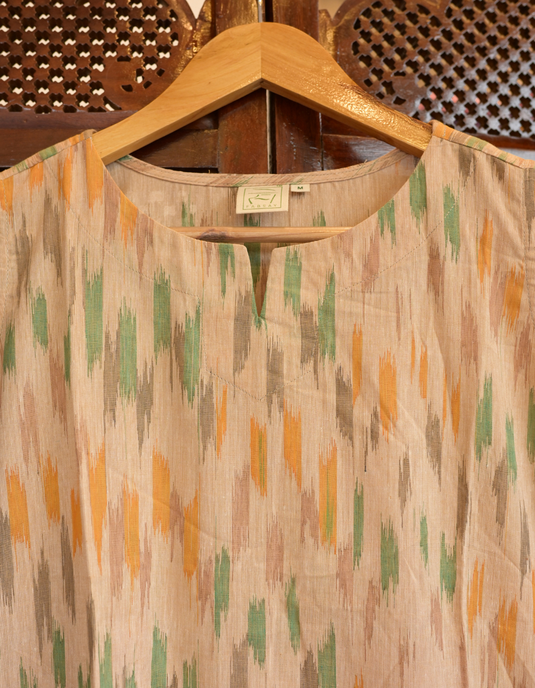 BEIGE IKAT PRINT "A-LINE DRESS'