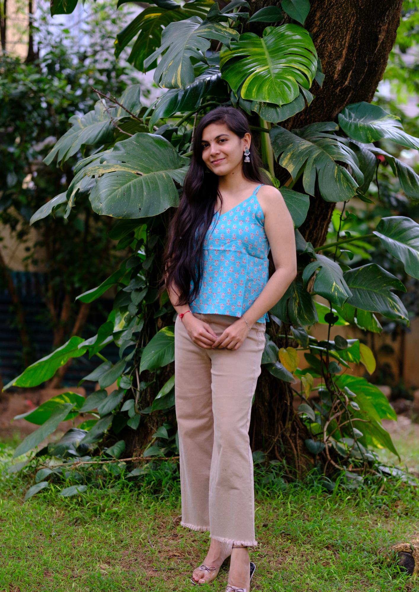 Blue kantha work Spaghetti Top