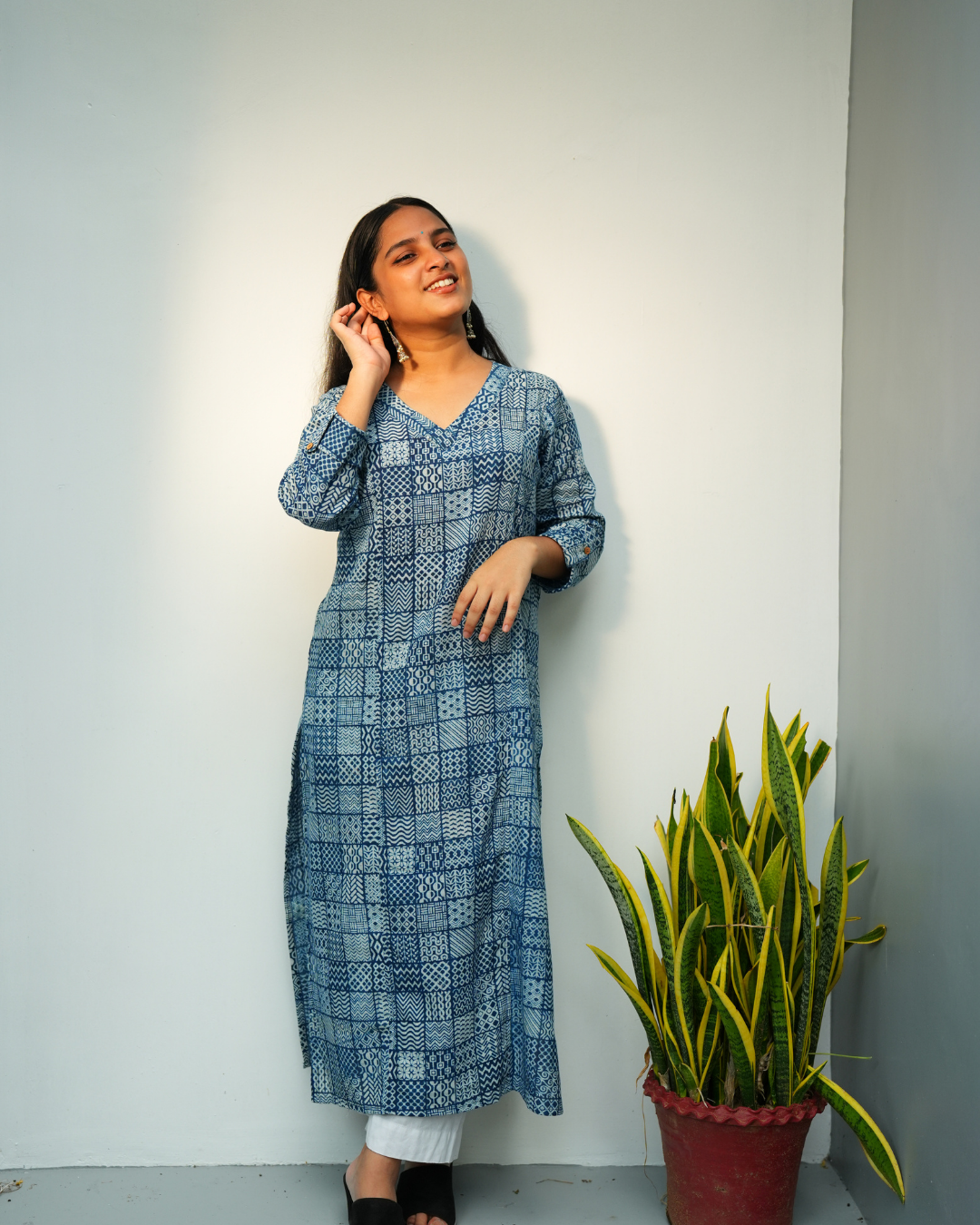 Indigo Printed Prinsess cut Cross V Neck Kurti