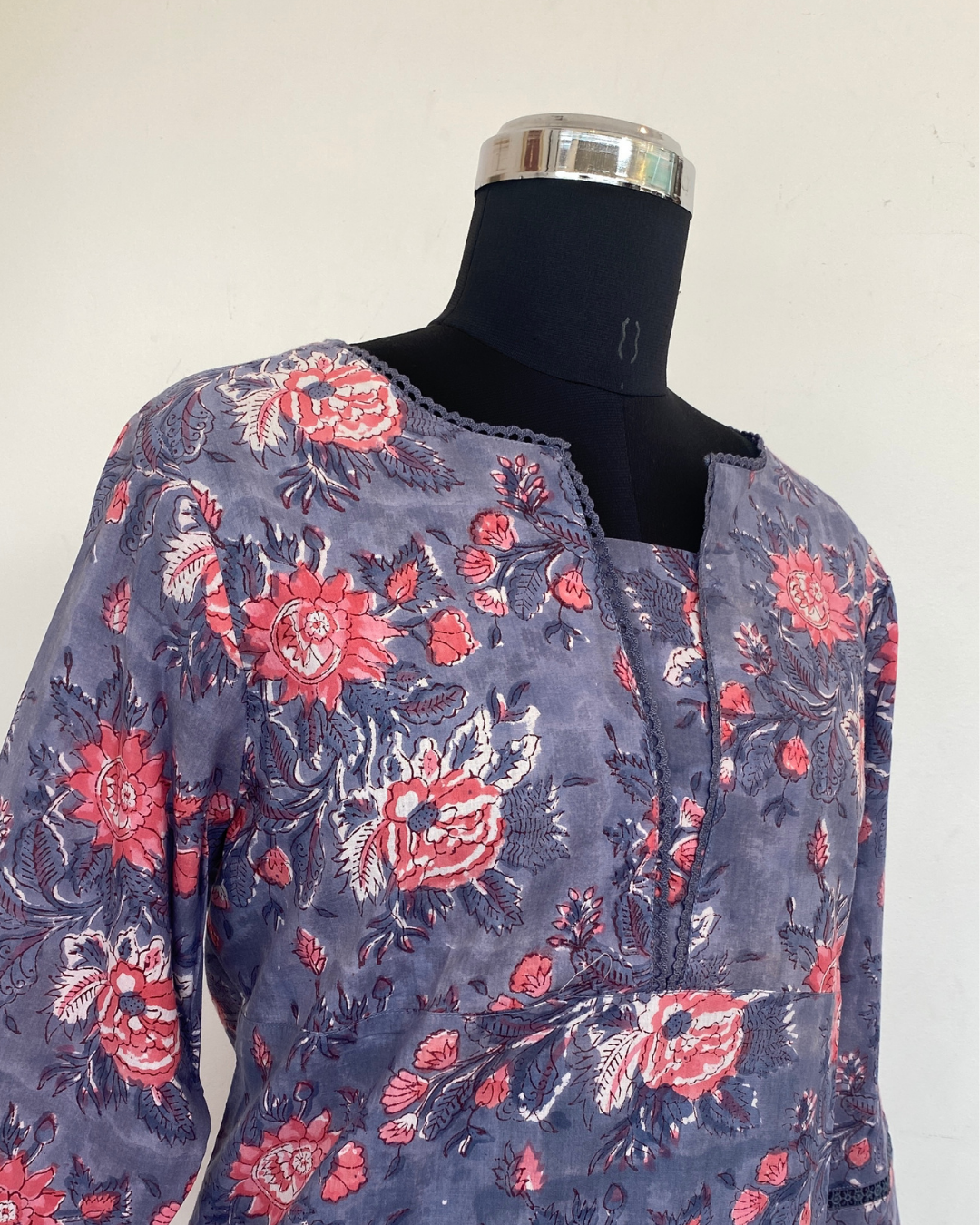 "CHAMPA" Cool Grey Floral Hand Block Printed Lace Kurti