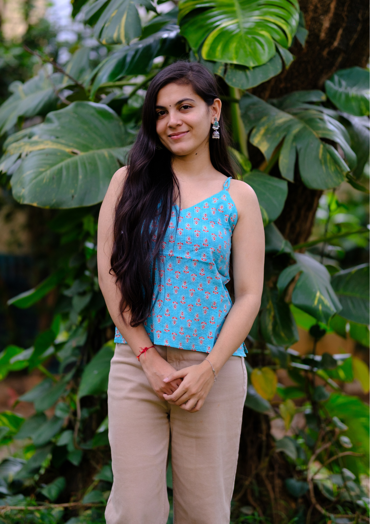 Blue kantha work Spaghetti Top