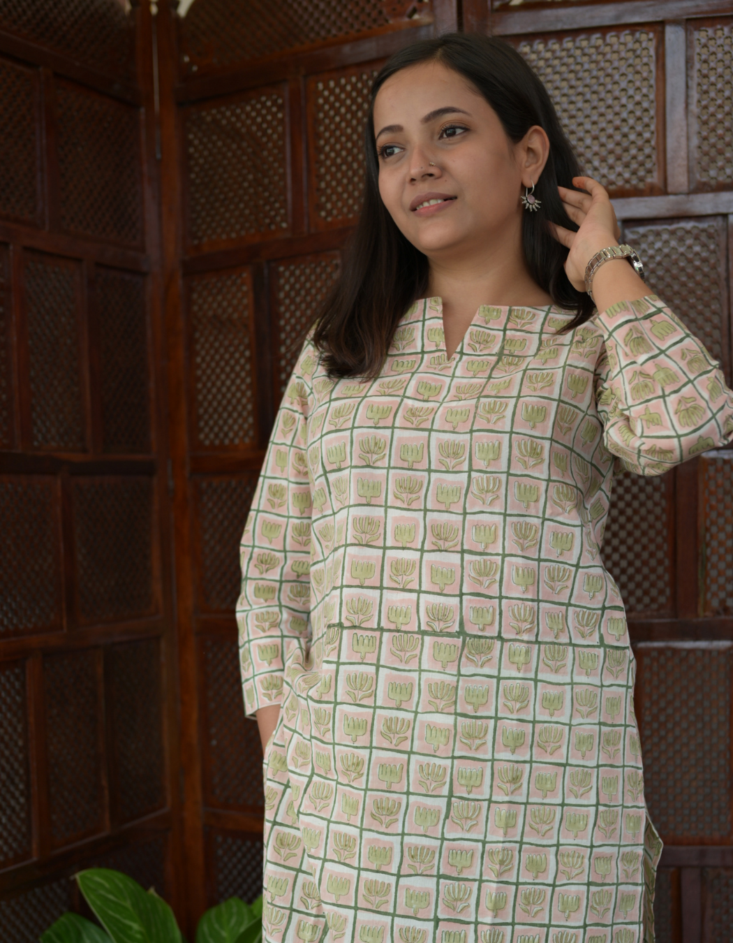 Blushing Peach and green Sanganeri Printed Slit Neck Kurti and pant set