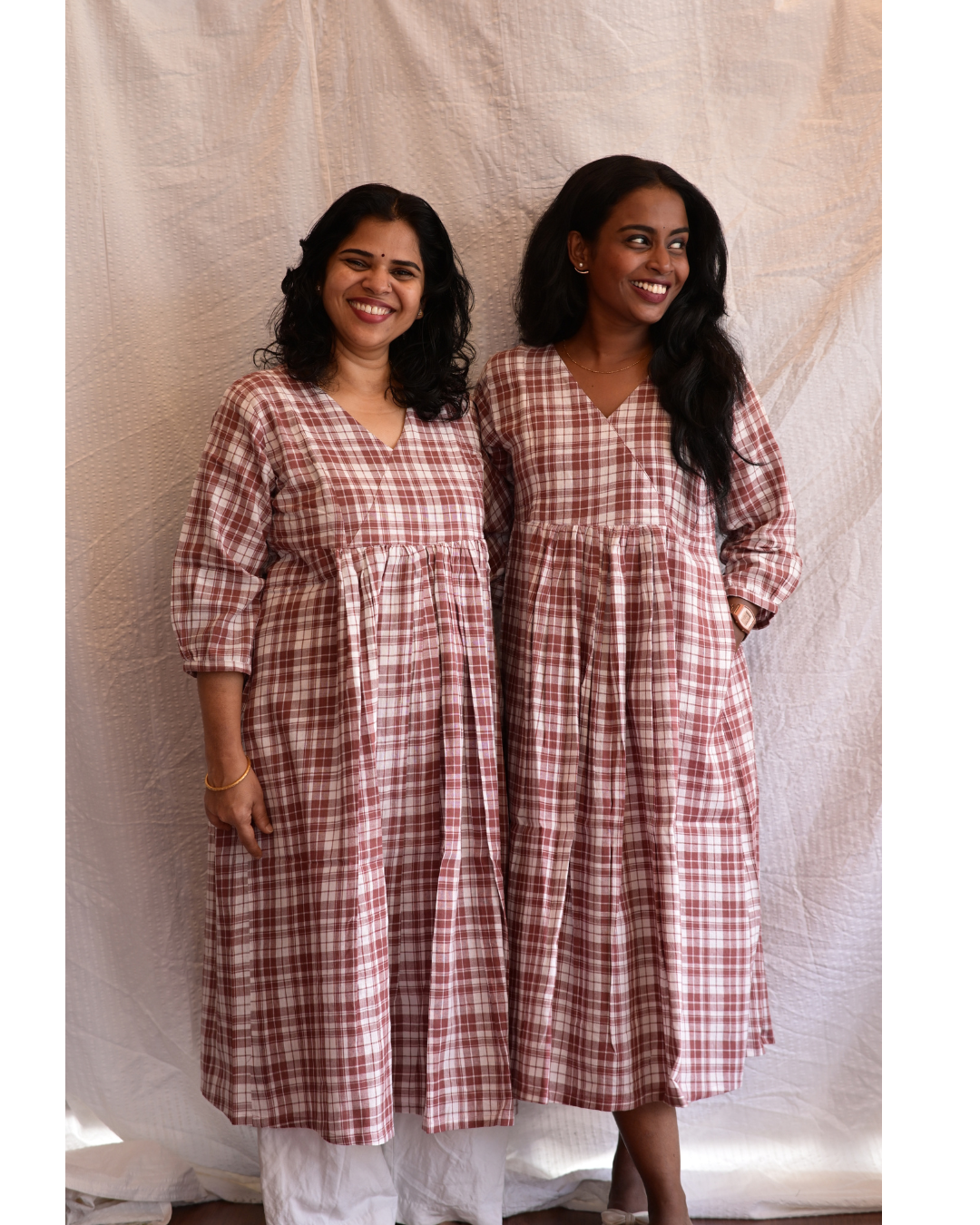 BENGAL HANDLOOM COTTON BROWN AND WHITE CHECK GATHERED DRESS
