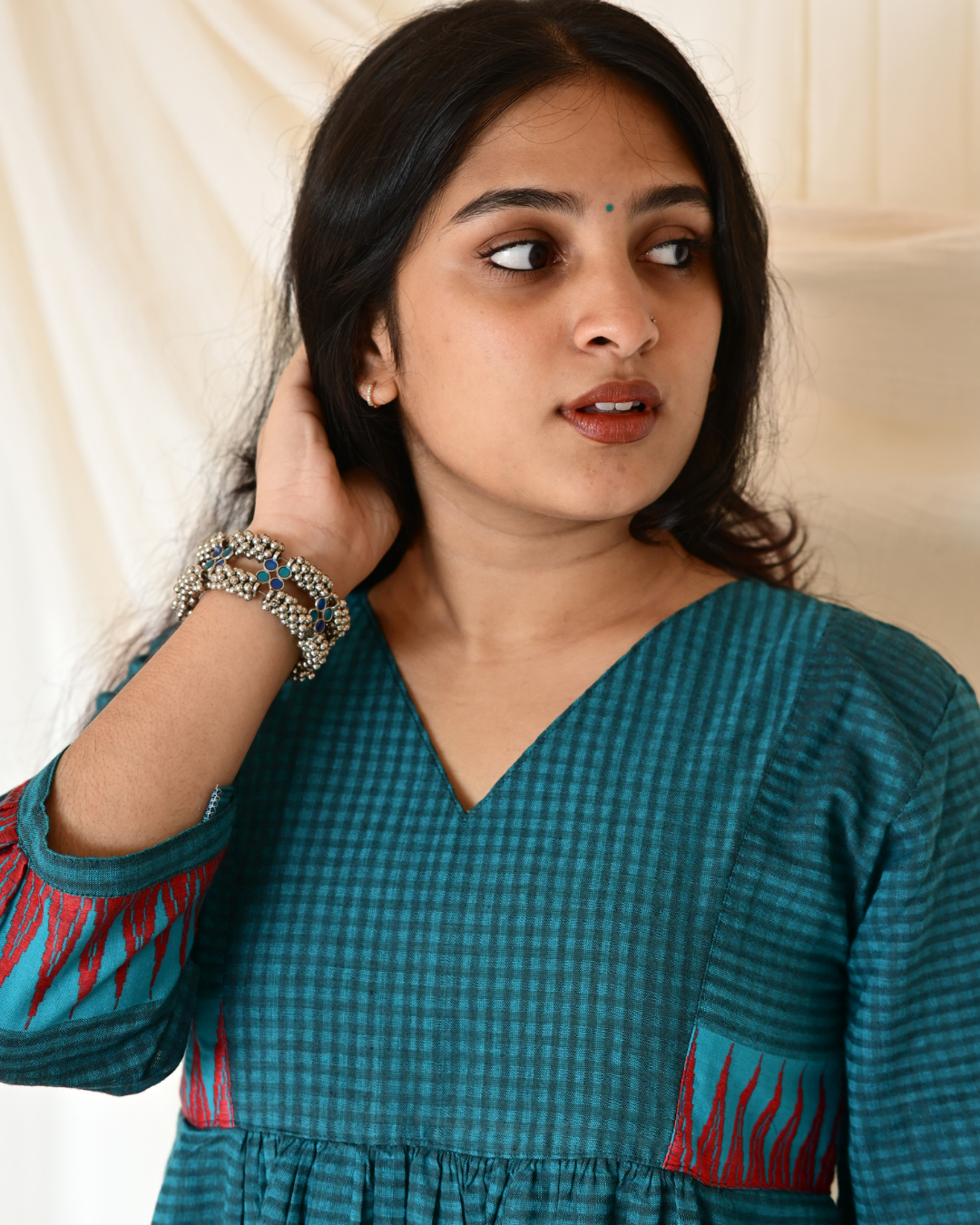 PEACOCK BLUE SOUTH COTTON GATHERED DRESS