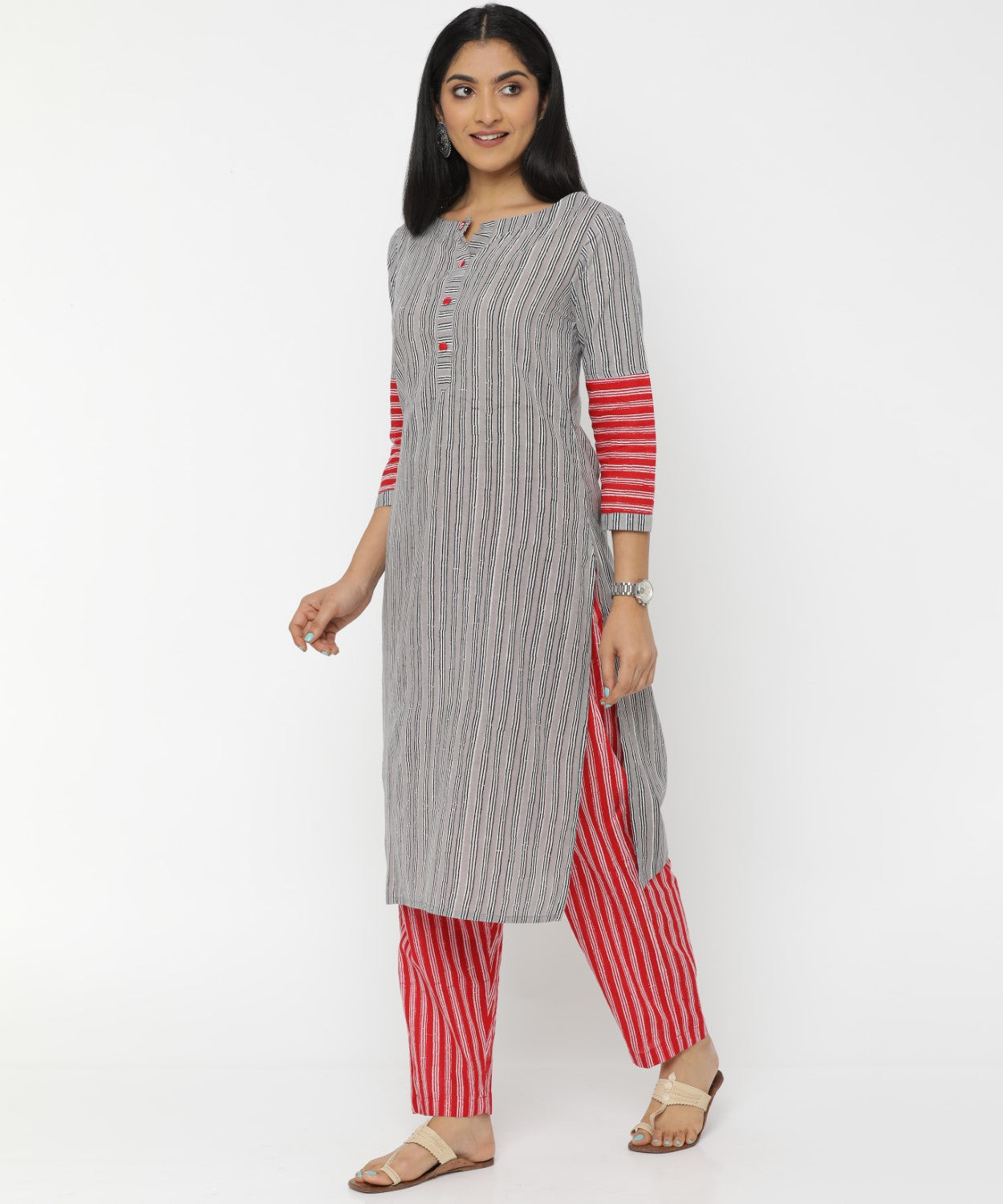 Grey Striped Long Patch Hand Block Printed Kurti