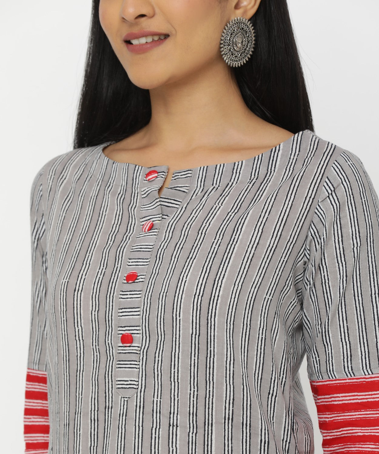 Grey Striped Long Patch Hand Block Printed Kurti