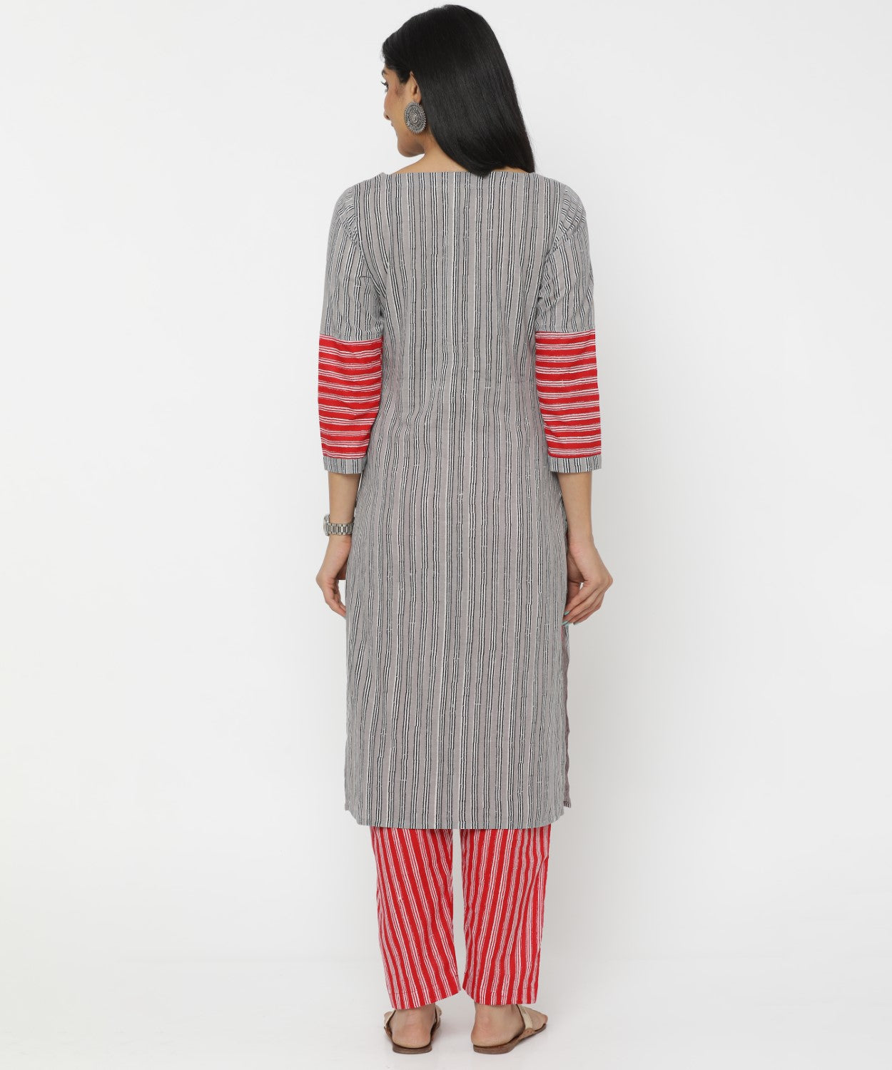 Grey Striped Long Patch Hand Block Printed Kurti