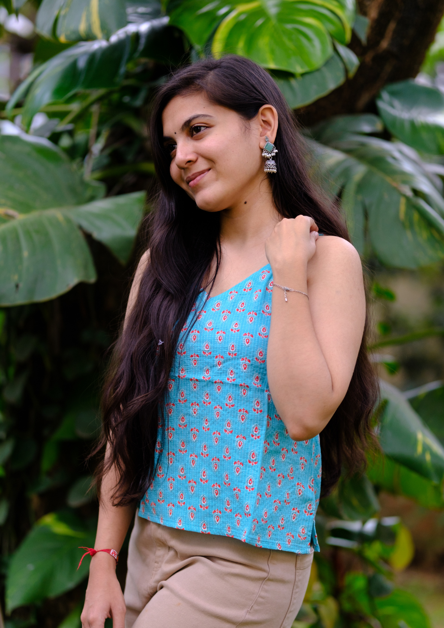 Blue kantha work Spaghetti Top