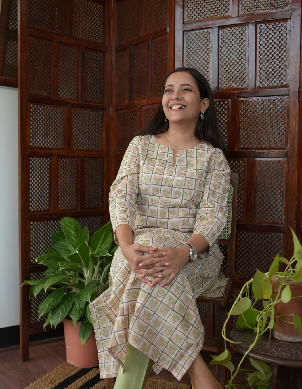 Blushing Peach and green Sanganeri Printed Slit Neck Kurti