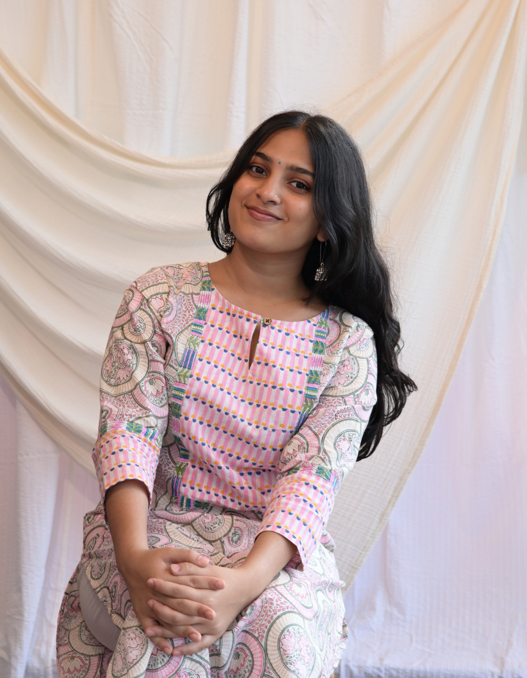 Kadha Pink Handblock Printed Patch Kurti