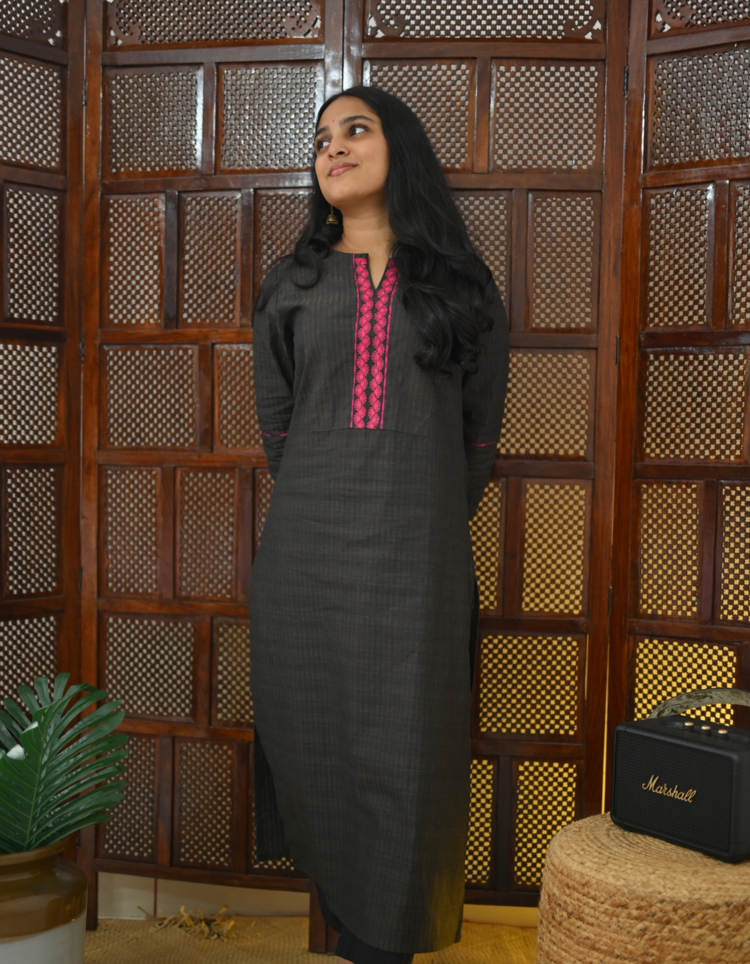Charcoal Black South Cotton Embroidered Kurti