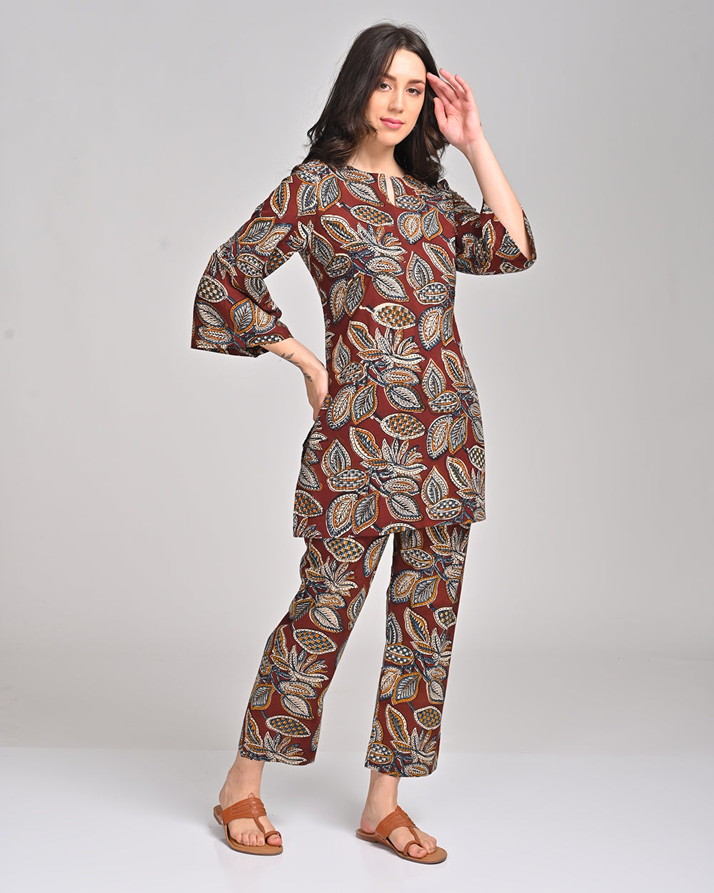 CO-OD SETS BROWN WITH LEAF HANDBLOCK PRINTED STRAIGHT PANT