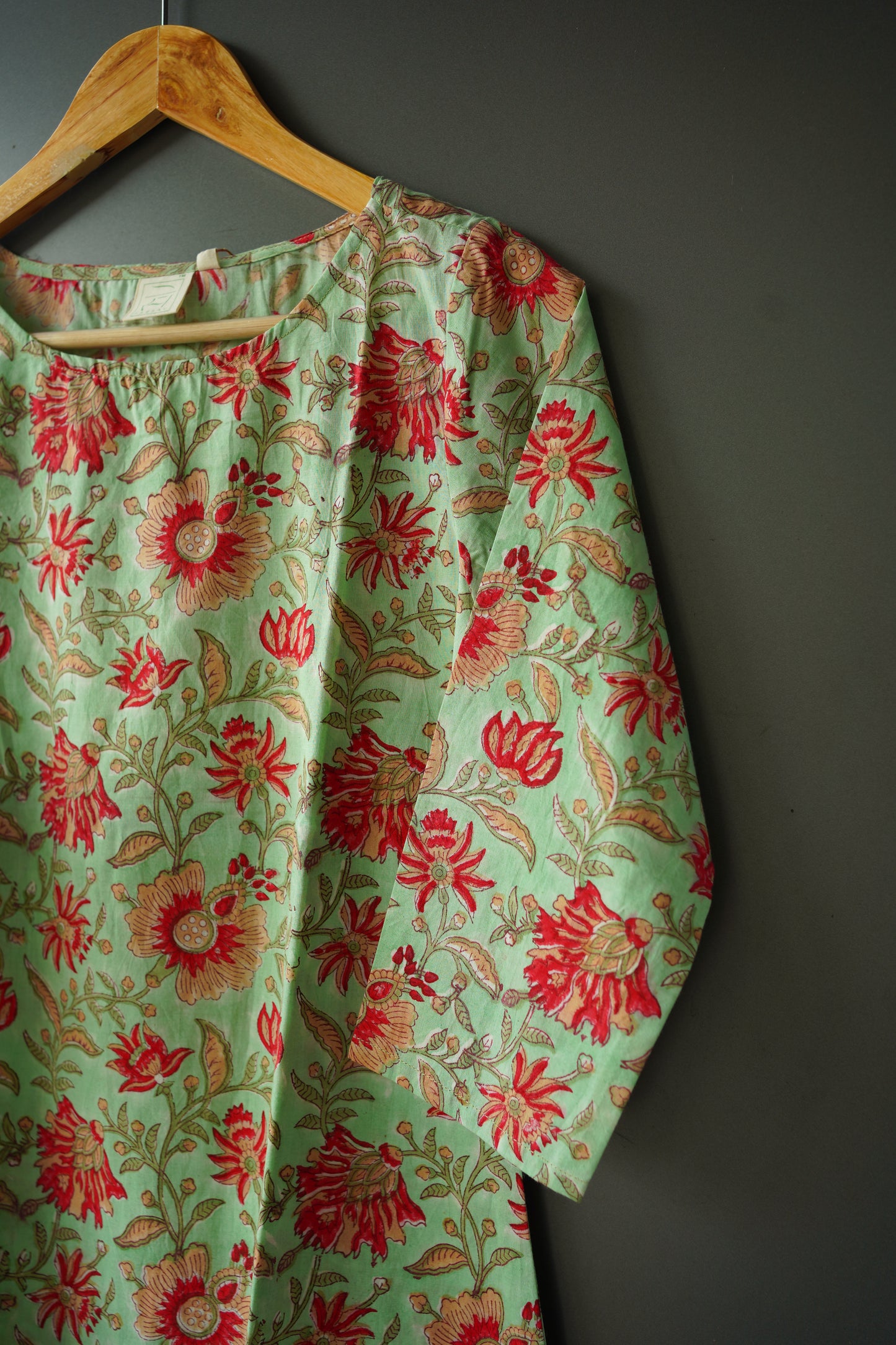 Pastel Green Floral Hand Block Printed Kurti