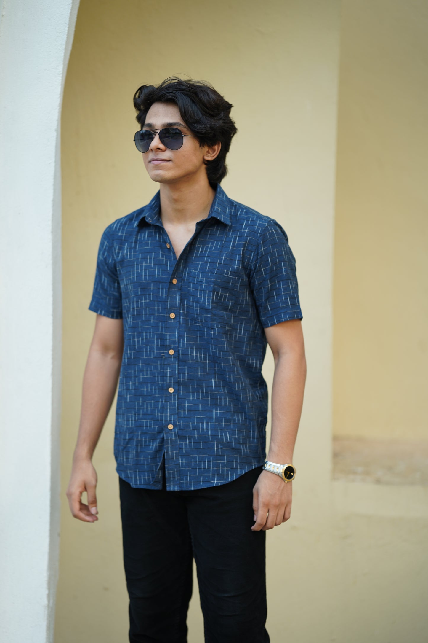 Dark Blue ikat printed men's shirt