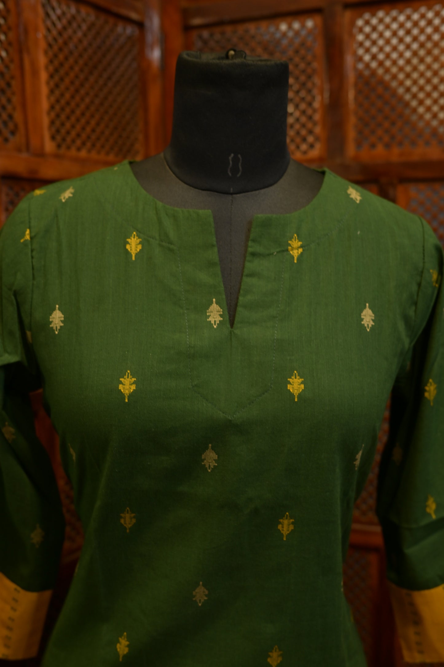 LEHRAA - Dark green and Yellow South Cotton Slit Neck Kurti
