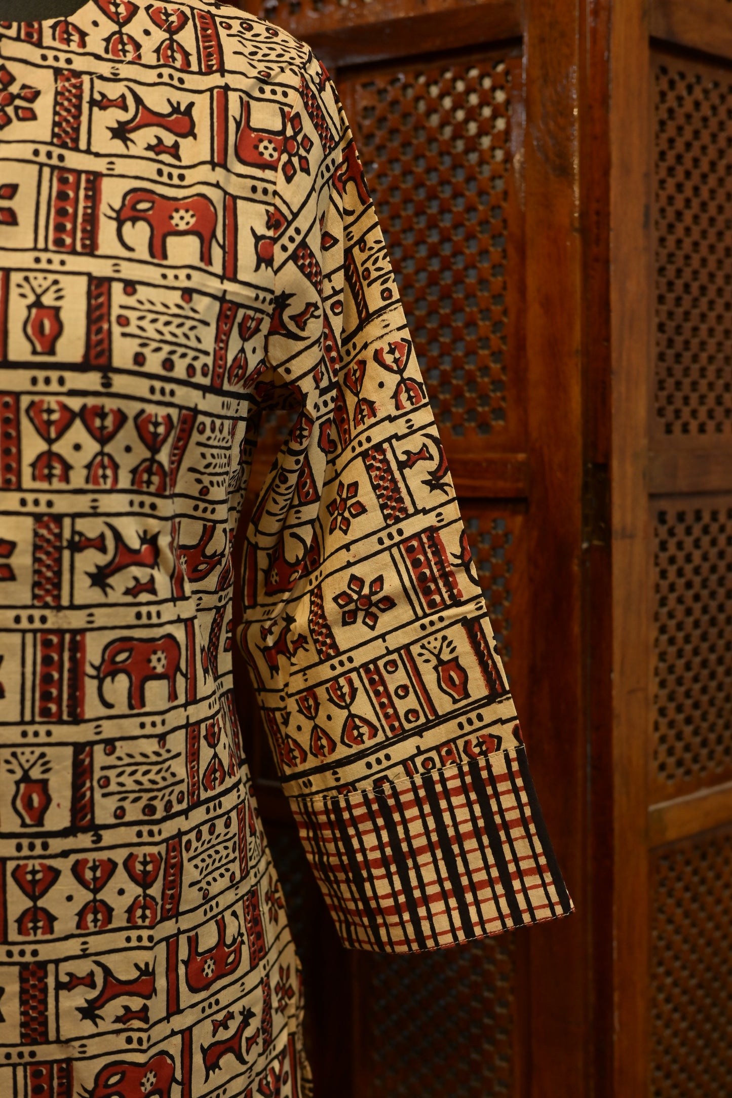 LEHRAA - Beige and Brick Red Hand Block Printed Cotton Slit Neck Kurti