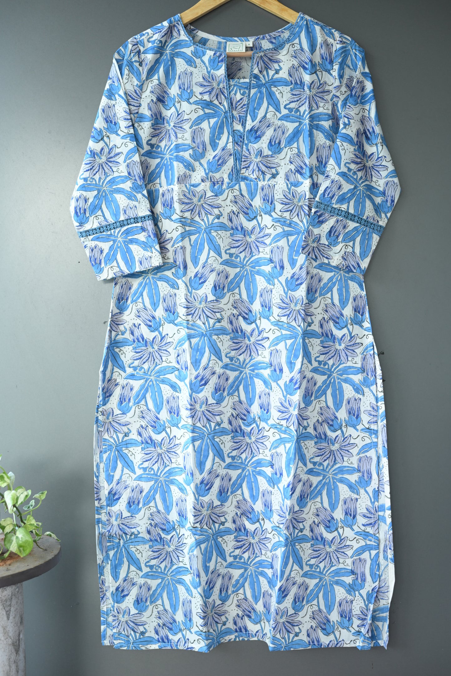 Floral Hand Block Printed Lace Kurti and pant set