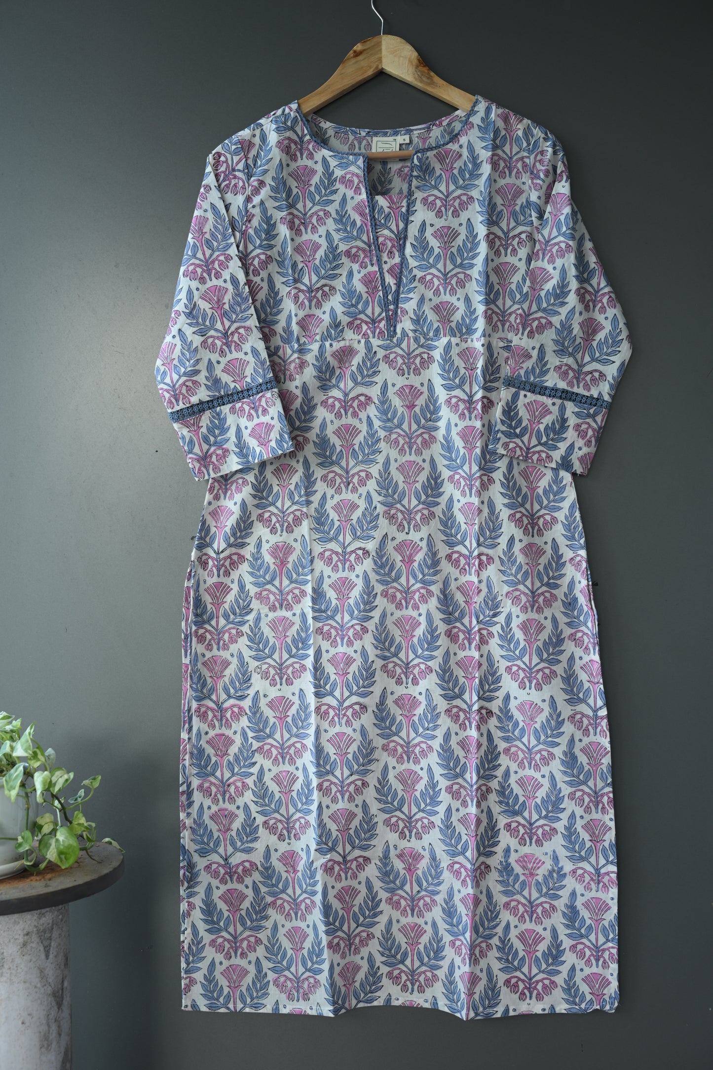 Floral Hand Block Printed Cotton Lace Kurti and pant