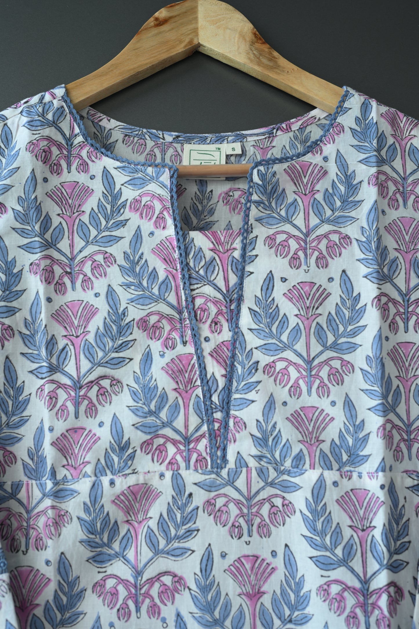 Floral Hand Block Printed Cotton Lace Kurti and pant