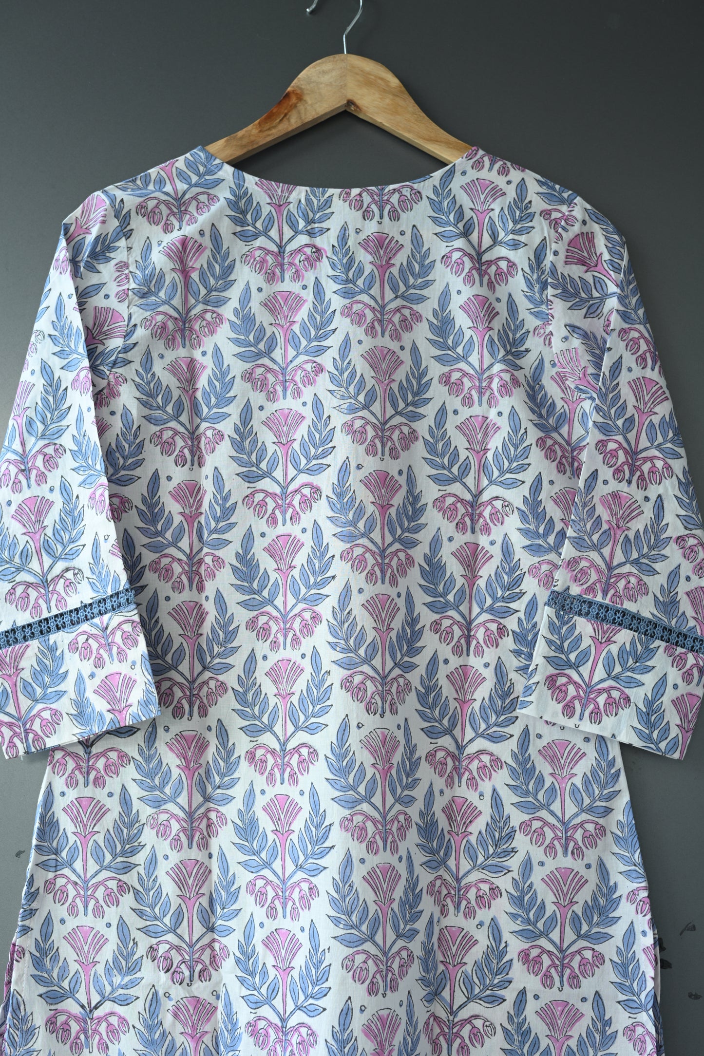 Floral Hand Block Printed Cotton Lace Kurti and pant