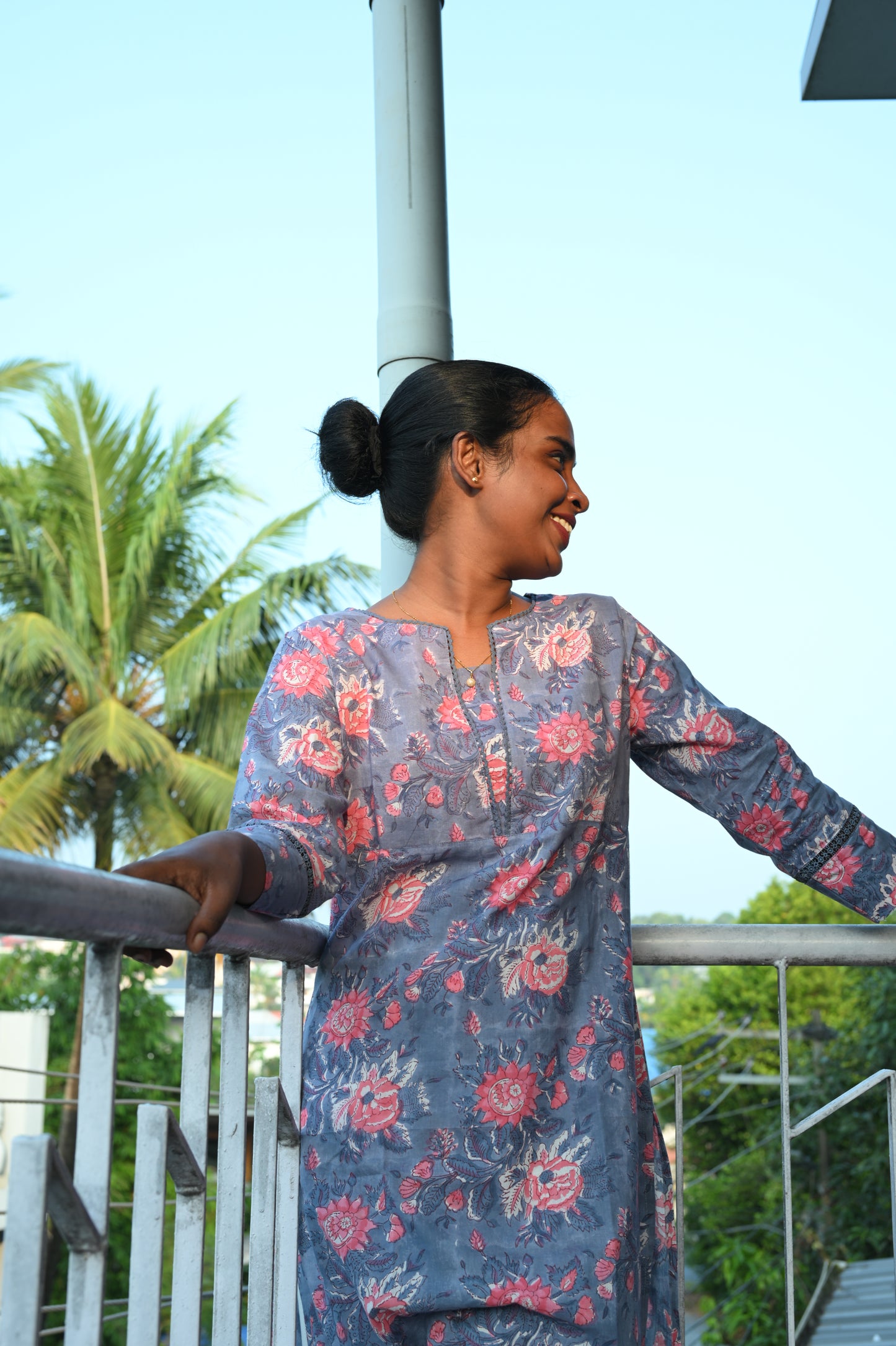Floral Hand Block Printed Lace Kurti